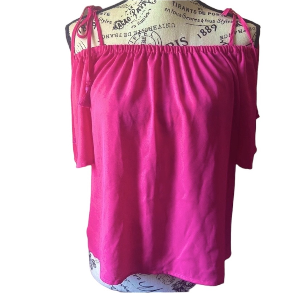 NWT JCrew Off the Shoulder Sheer Blouse Berry Pink Tassel Tie Detail Top